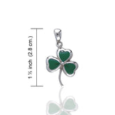 Green shamrock pendant with silver setting on a white background, shown with measurement details.